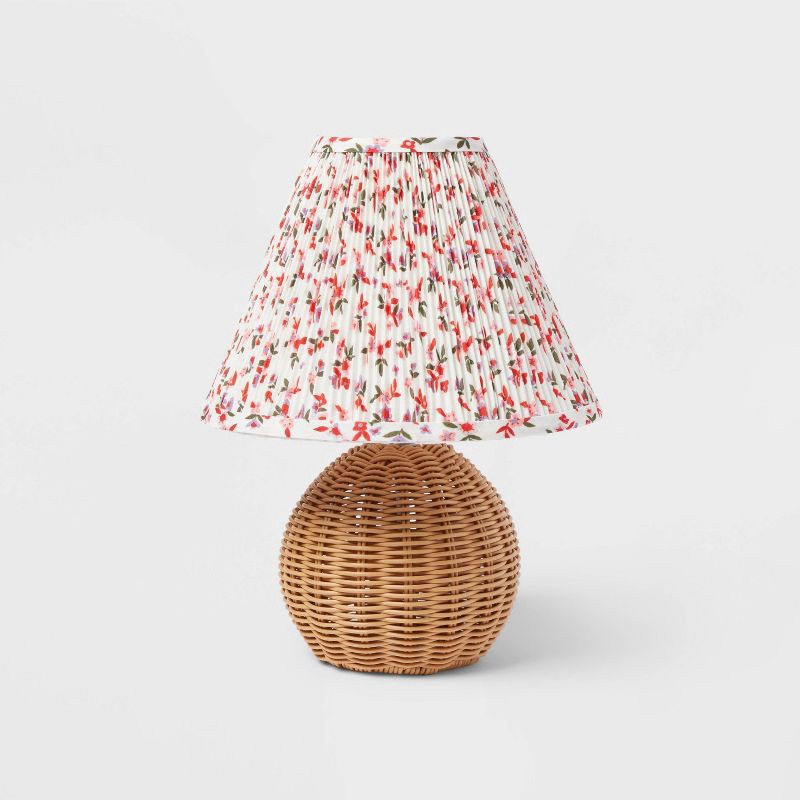 slide 2 of 4, Round Faux Rattan Kids' Lamp with Pleated Floral Shade - Pillowfort™, 1 ct