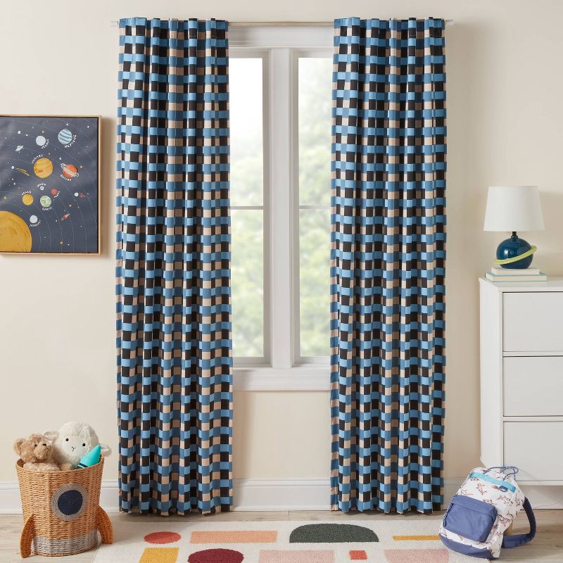slide 2 of 5, 42"W x 84"L Checkered Blackout Window Curtain Panel Blue - Pillowfort™, 1 ct