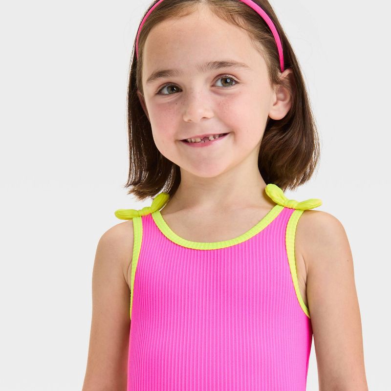 slide 3 of 3, Baby Girls' Solid Ribbed Value One Piece Swimsuit With Bow - Cat & Jack™ Pink 18M: UPF 50+, Recycled Polyester, Sleeveless, 1 ct