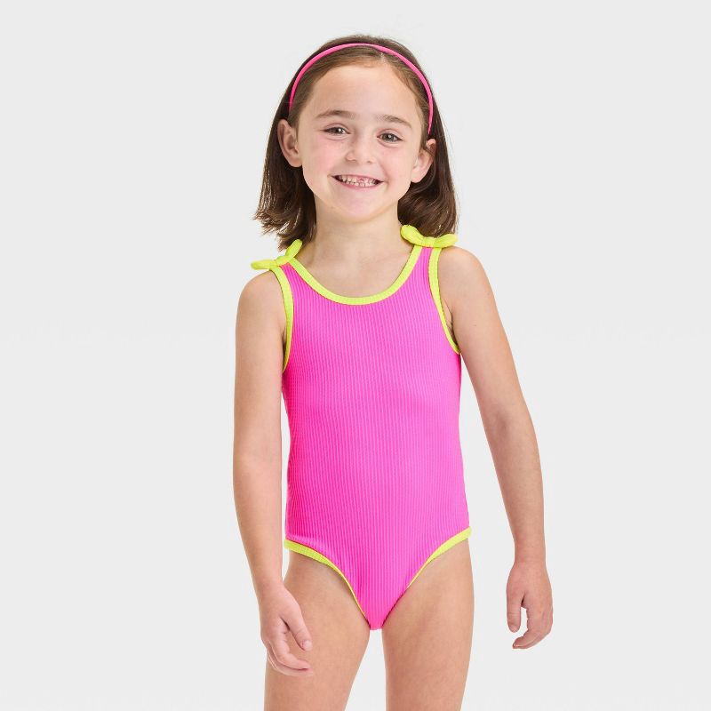 slide 1 of 3, Baby Girls' Solid Ribbed Value One Piece Swimsuit With Bow - Cat & Jack™ Pink 18M: UPF 50+, Recycled Polyester, Sleeveless, 1 ct