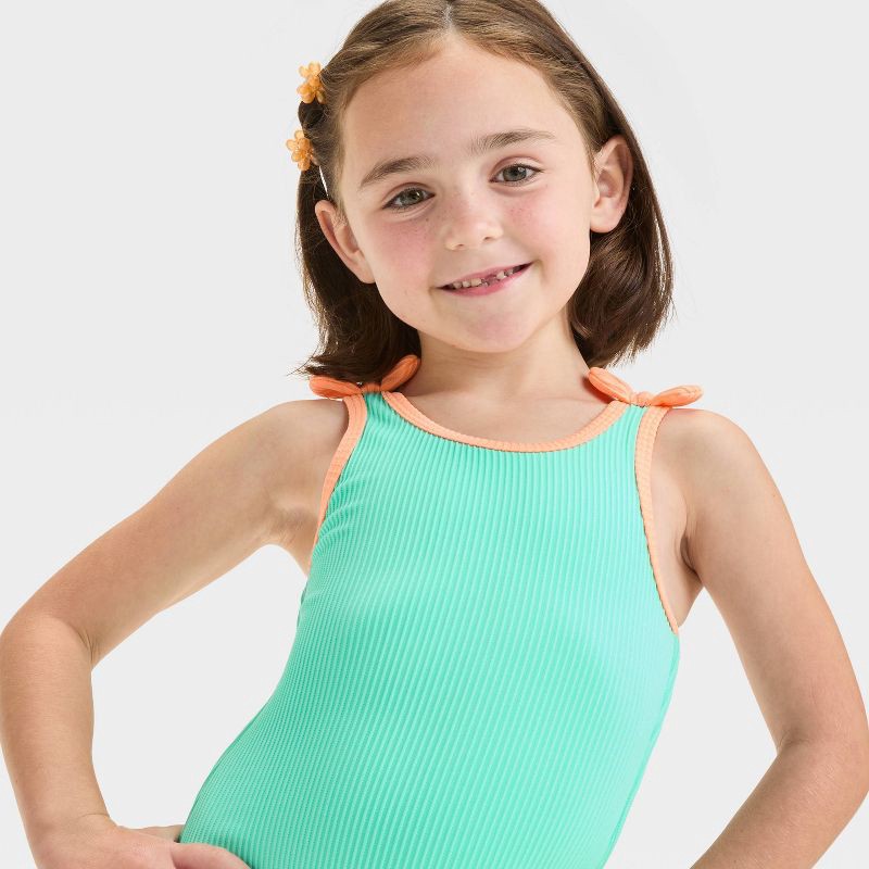 slide 3 of 3, Baby Girls' Solid Ribbed Value One Piece Swimsuit With Bow - Cat & Jack™ Aqua Green 18M: UPF 50+, Recycled Polyester, 1 ct