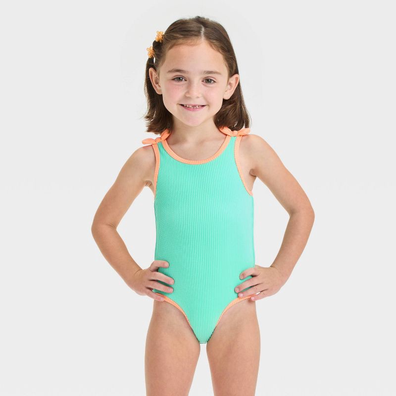 slide 1 of 3, Baby Girls' Solid Ribbed Value One Piece Swimsuit With Bow - Cat & Jack™ Aqua Green 18M: UPF 50+, Recycled Polyester, 1 ct