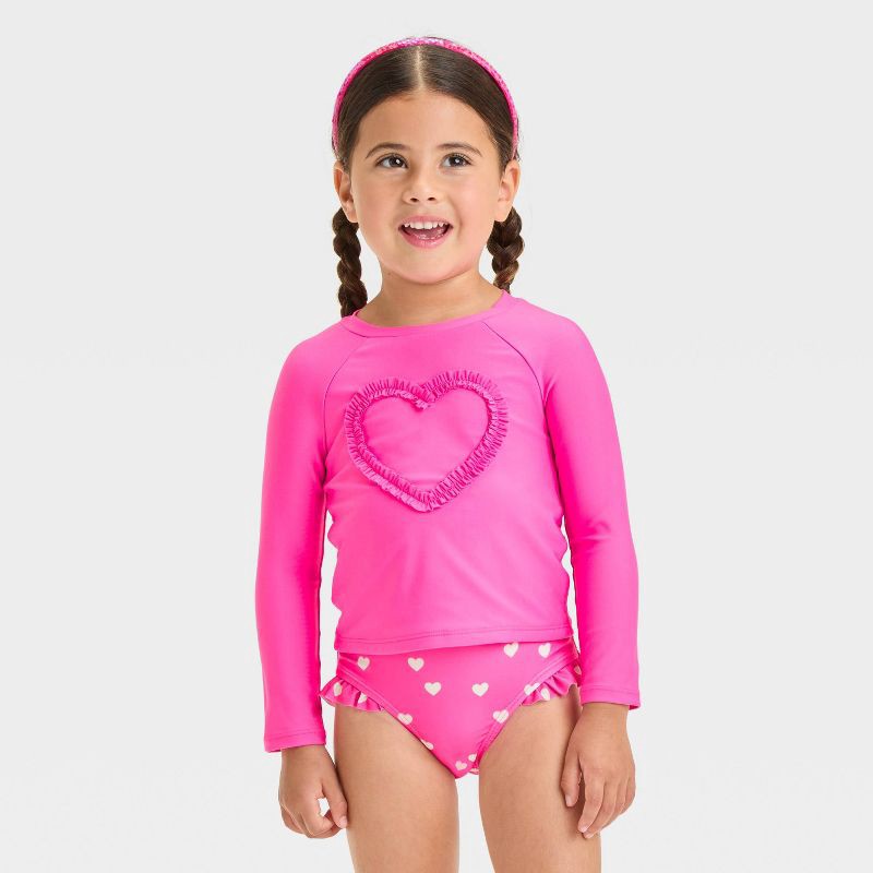 slide 1 of 3, Baby Girls' Long Sleeve Heart Printed Rash Guard Set - Cat & Jack™ Pink 18M: UPF 50+, Elastic Leg Openings, 1 ct