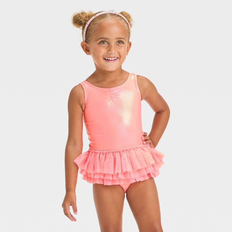 slide 1 of 3, Baby Girls' Solid Shiny Tutu One Piece Swimsuit - Cat & Jack™ Pink 12M: UPF 50+, Ruffles, Fit, 1 ct