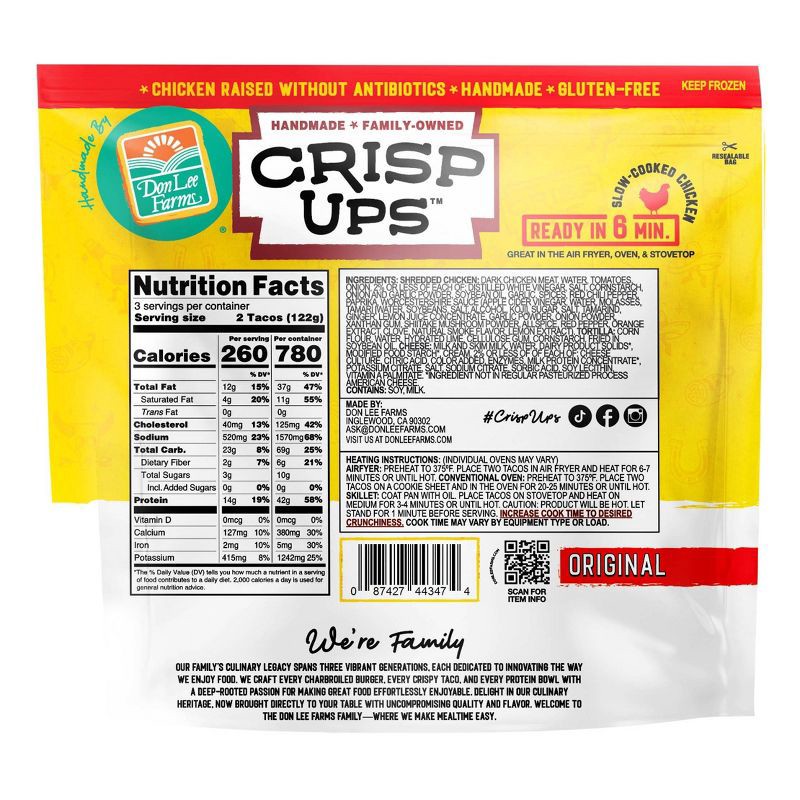 slide 2 of 3, Don Lee Farms Frozen Gluten Free CrispUps Chicken/Cheese Crispy Tacos - 12.96oz, 12.96 oz