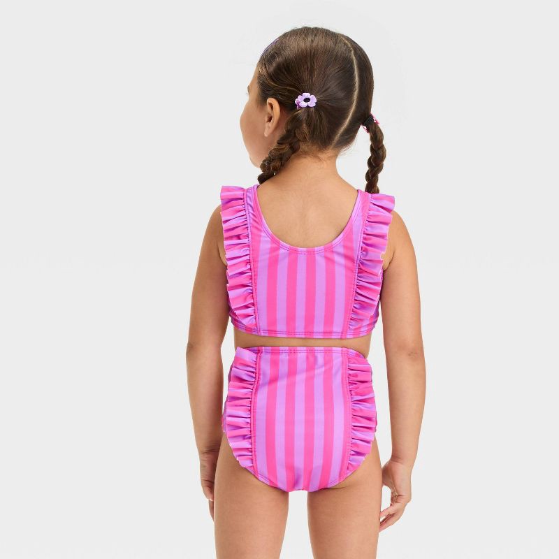 slide 2 of 3, Baby Girls' Striped Ruffle Bikini Set - Cat & Jack™ Purple/Pink 12M: UPF 50+, Recycled Polyester, 2-Piece, 1 ct