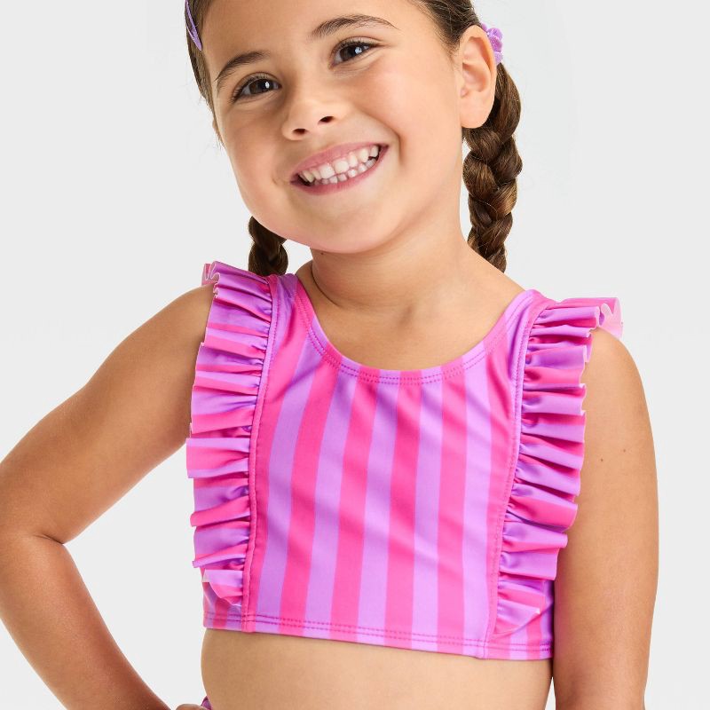 slide 3 of 3, Baby Girls' Striped Ruffle Bikini Set - Cat & Jack™ Purple/Pink 12M: UPF 50+, Recycled Polyester, 2-Piece, 1 ct