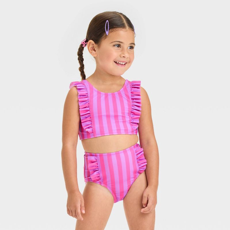 slide 1 of 3, Baby Girls' Striped Ruffle Bikini Set - Cat & Jack™ Purple/Pink 12M: UPF 50+, Recycled Polyester, 2-Piece, 1 ct