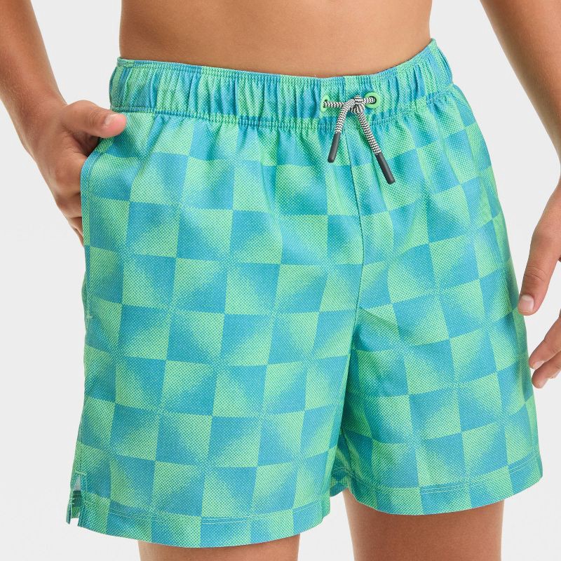 slide 3 of 3, Boys' Plaid Swim Shorts - art class™ Green S: Recycled Polyester, Built-in Boxer, Adjustable Waistband, 1 ct