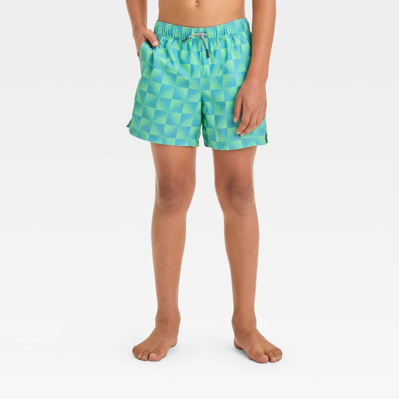 slide 1 of 3, Boys' Plaid Swim Shorts - art class™ Green S: Recycled Polyester, Built-in Boxer, Adjustable Waistband, 1 ct