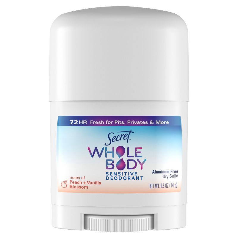 slide 2 of 12, Secret Whole Body Aluminum-Free Mini Deodorant - Travel Size - Peach & Vanilla - 0.5oz, 0.5 oz