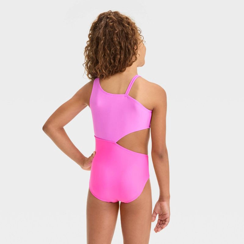 slide 2 of 3, Girls' Solid One Piece Swimsuit - Cat & Jack™ Purple S: UPF 50+, Asymmetrical Back, Elastic Leg Openings, 1 ct