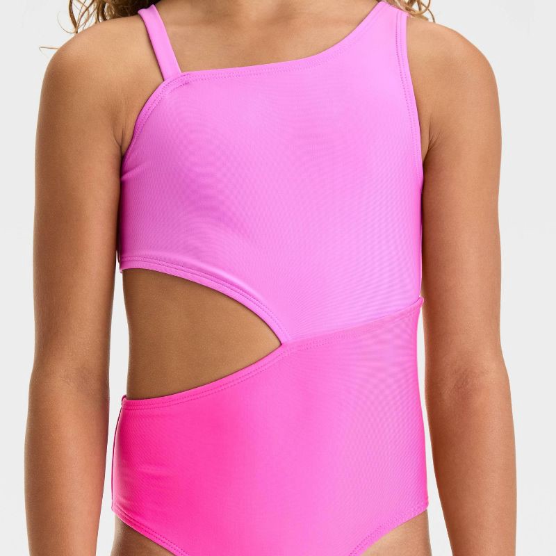 slide 3 of 3, Girls' Solid One Piece Swimsuit - Cat & Jack™ Purple S: UPF 50+, Asymmetrical Back, Elastic Leg Openings, 1 ct