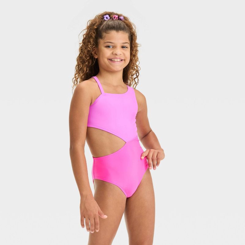 slide 1 of 3, Girls' Solid One Piece Swimsuit - Cat & Jack™ Purple S: UPF 50+, Asymmetrical Back, Elastic Leg Openings, 1 ct