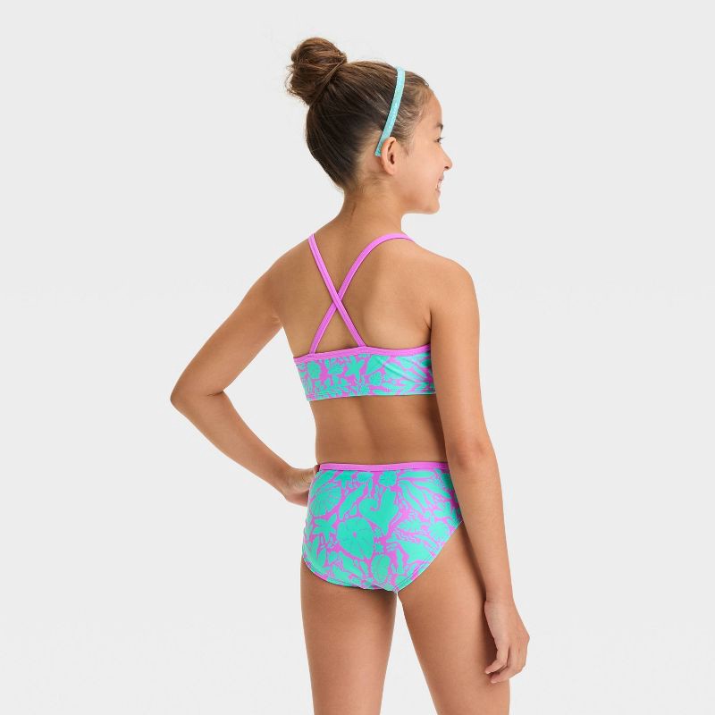slide 2 of 3, Girls' Wave Printed Bikini Set - Cat & Jack™ Aqua Green S: UPF 50+, Recycled Polyester, Medium Coverage, 1 ct