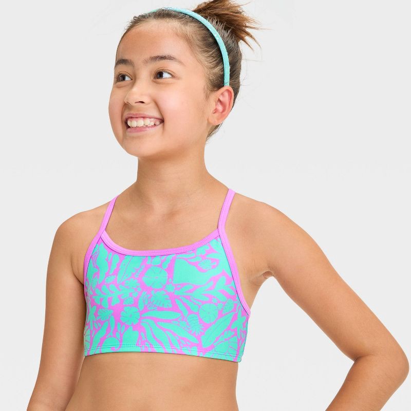 slide 3 of 3, Girls' Wave Printed Bikini Set - Cat & Jack™ Aqua Green L: Recycled Polyester, UPF 50+, Machine Washable, 2-Piece Swimwear, 1 ct