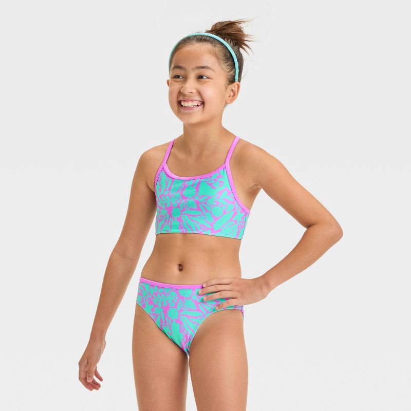 slide 1 of 3, Girls' Wave Printed Bikini Set - Cat & Jack™ Aqua Green L: Recycled Polyester, UPF 50+, Machine Washable, 2-Piece Swimwear, 1 ct