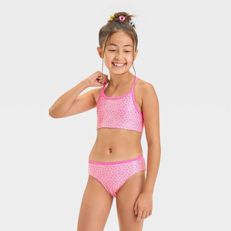slide 1 of 3, Girls' Leopard Spot Bikini Set - Cat & Jack™ Pink S: UPF 50+, Recycled Polyester, Medium Coverage, 1 ct