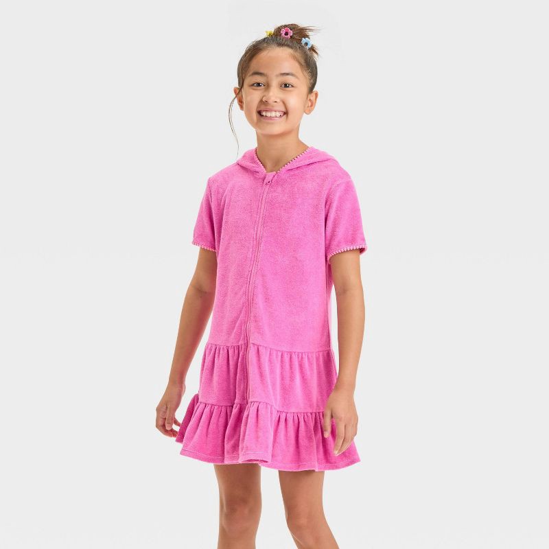 slide 1 of 3, Girls' Solid Short Sleeve Cover Up Dress - Cat & Jack™ Pink XL: Cotton Blend, Recycled Polyester, UPF 50+, Loop Terry, 1 ct