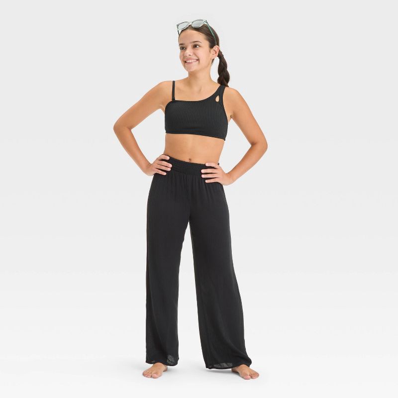 slide 3 of 3, Girls' Solid Cover Up Pants - art class™ Black L: Mid Rise, Side Pocket, UPF 50+ Protection, 1 ct
