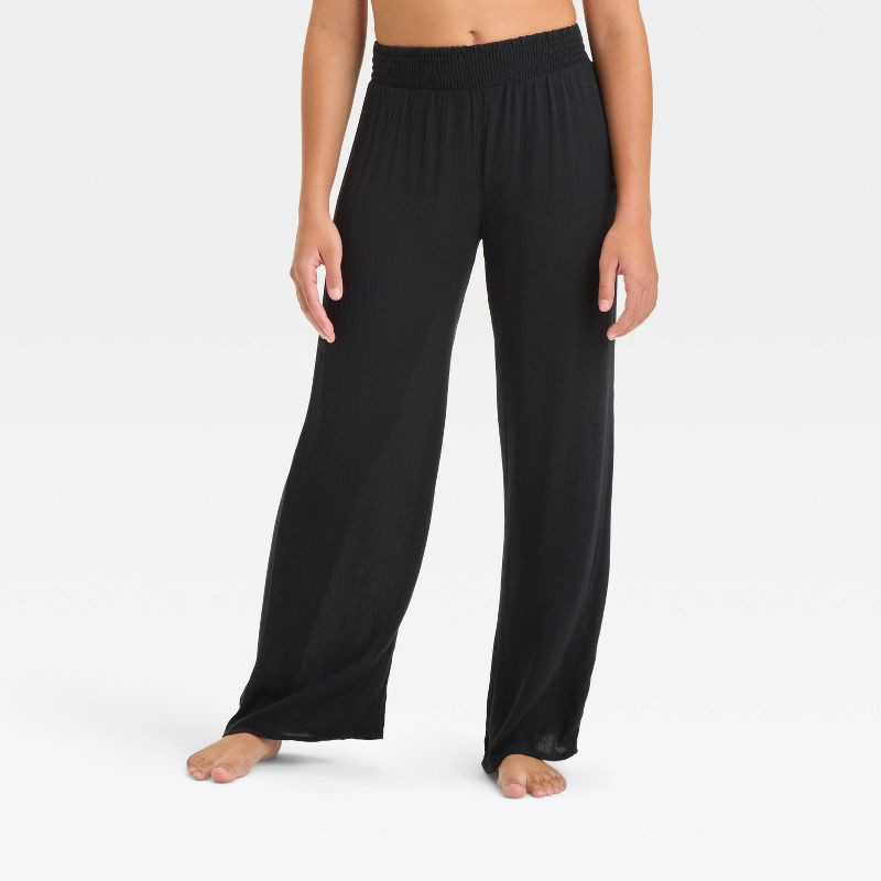 slide 1 of 3, Girls' Solid Cover Up Pants - art class™ Black L: Mid Rise, Side Pocket, UPF 50+ Protection, 1 ct