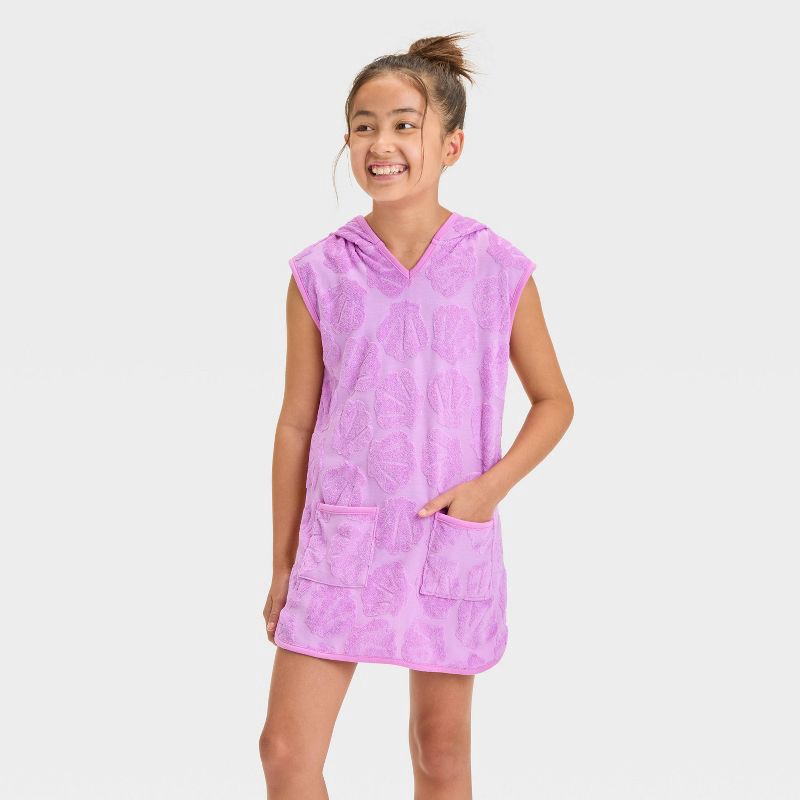 slide 1 of 3, Girls' Solid Cover Up Dress - Cat & Jack™ Purple S: Front Pocket, Loop Terry, 1 ct