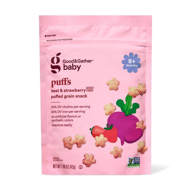 slide 1 of 4, Puffs Beet & Strawberry Baby Snacks - 1.48oz - Good & Gather™, 1.48 oz