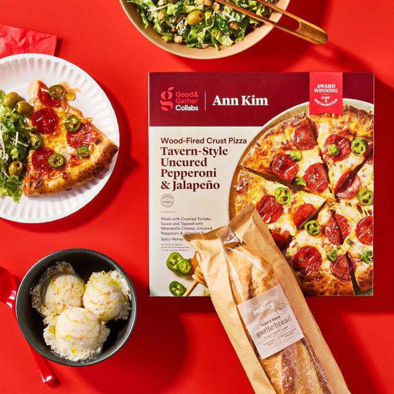 slide 4 of 6, Frozen Wood-Fired Crust Tavern-Style Uncured Pepperoni & Jalapeno Pizza - 15.8oz - Good & Gather™ Collabs | Ann Kim, 15.8 oz