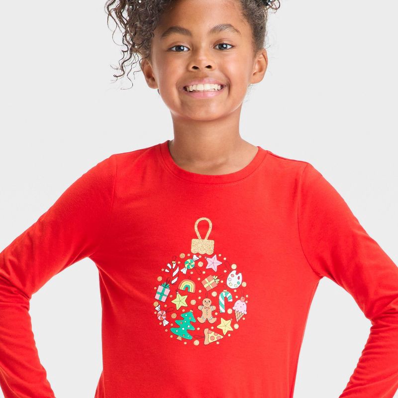 slide 2 of 4, Girls' Long Sleeve 'Ornament' Graphic T-Shirt - Cat & Jack™ Red M, 1 ct