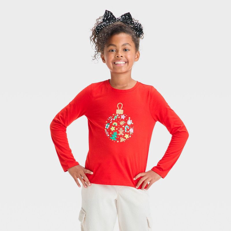 slide 1 of 4, Girls' Long Sleeve 'Ornament' Graphic T-Shirt - Cat & Jack™ Red M, 1 ct