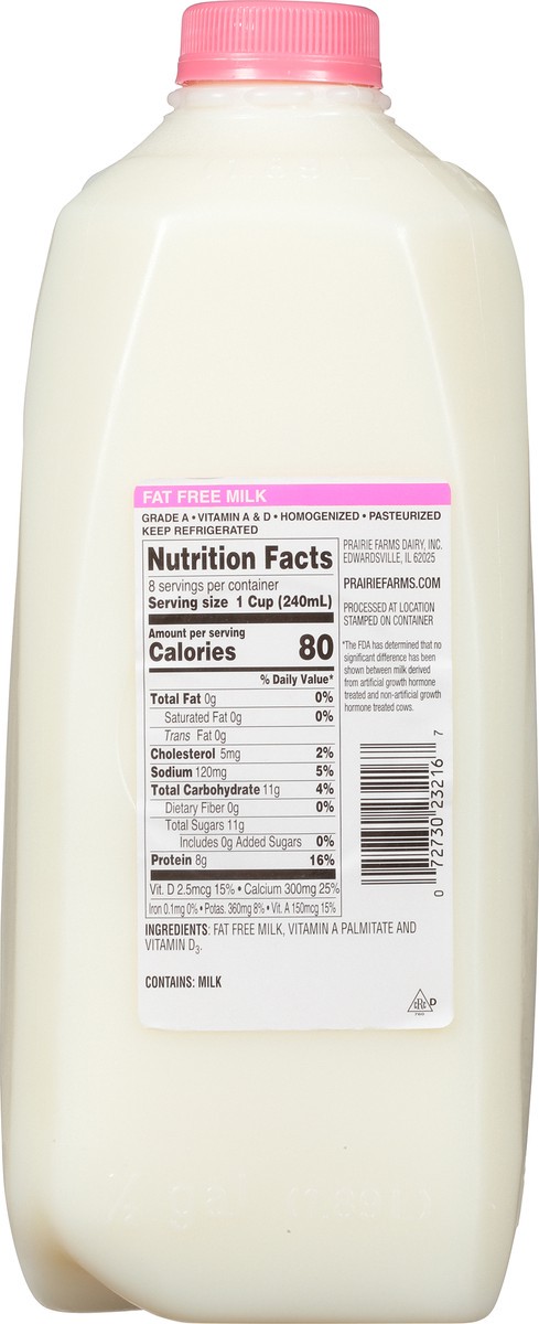 slide 5 of 12, Prairie Farms Fat Free Milk 0.5 gl Jug, 1/2 gal