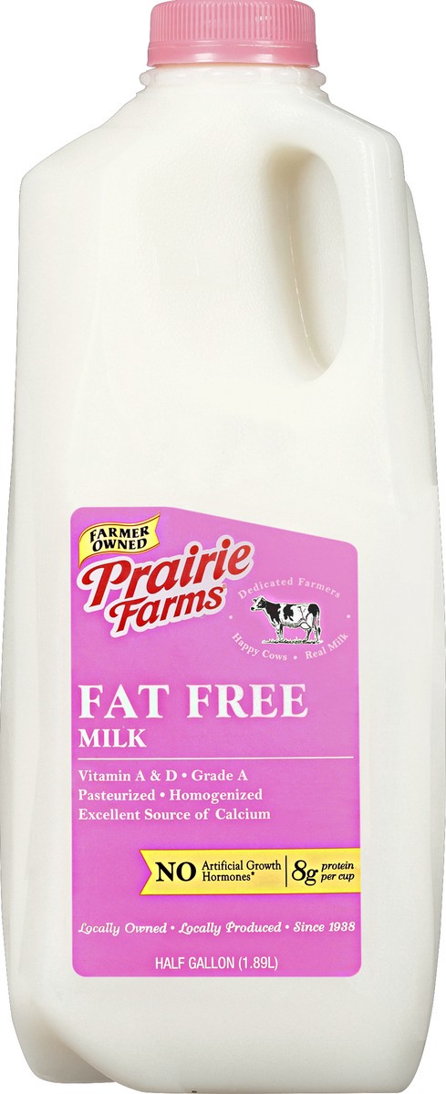 slide 1 of 12, Prairie Farms Fat Free Milk 0.5 gl Jug, 1/2 gal