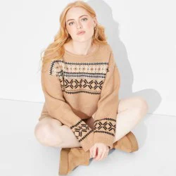 Women's Crewneck Cropped Pullover Holiday Sweater - Wild Fable™ Tan L