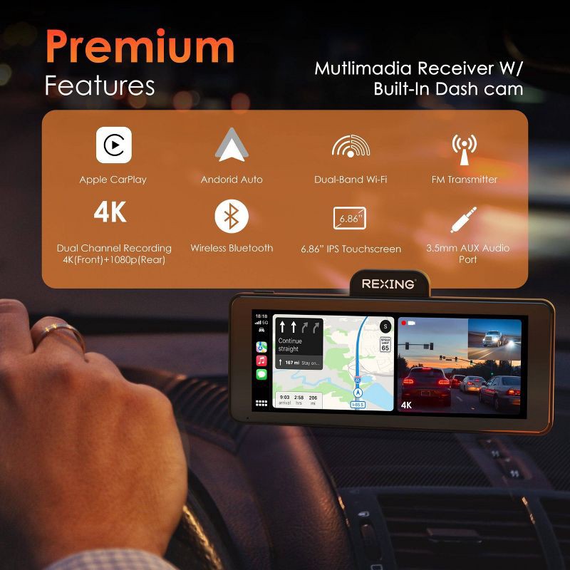 slide 2 of 9, Rexing Wireless Apple CarPlay & Android Auto Display with 4K Dash Cam: Vehicle Electronics Accessory, 1 ct