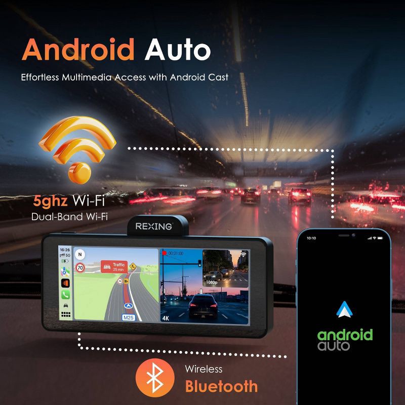 slide 3 of 9, Rexing Wireless Apple CarPlay & Android Auto Display with 4K Dash Cam: Vehicle Electronics Accessory, 1 ct