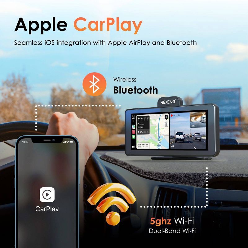 slide 4 of 9, Rexing Wireless Apple CarPlay & Android Auto Display with 4K Dash Cam: Vehicle Electronics Accessory, 1 ct
