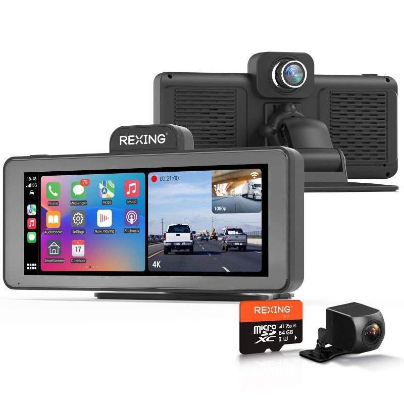 slide 1 of 9, Rexing Wireless Apple CarPlay & Android Auto Display with 4K Dash Cam: Vehicle Electronics Accessory, 1 ct