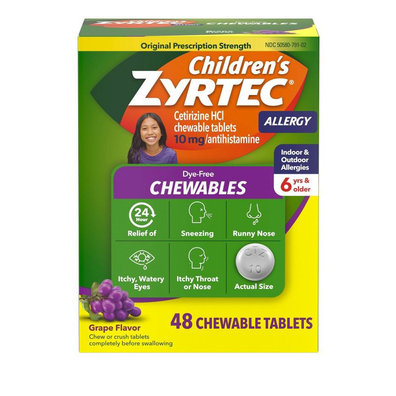 slide 1 of 7, Zyrtec Children's Allergy Dye Free Chewables - Ages 6+ - 10mg - 48ct: Grape Flavor, Contains Antihistamine, 10mg, 48 ct