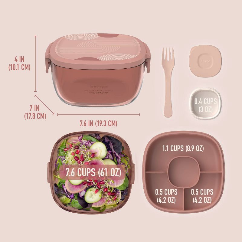 slide 6 of 7, Bentgo 7.6c Glass All-in-One Salad Container Mod Curves Desert Rose, 1 ct