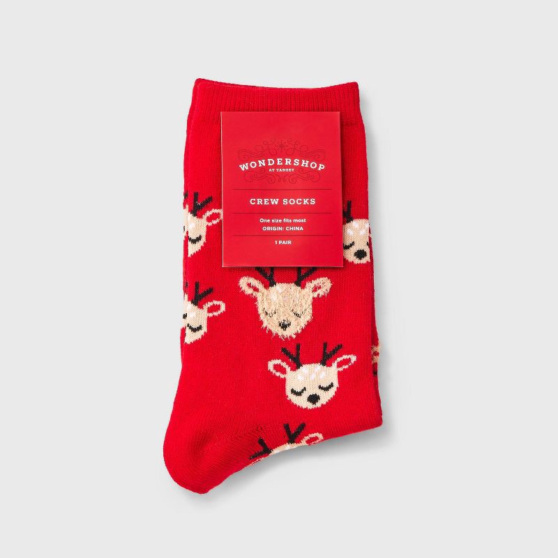 slide 2 of 3, Women's Reindeer Christmas Crew Socks - Wondershop™ Red 4-10, 1 ct