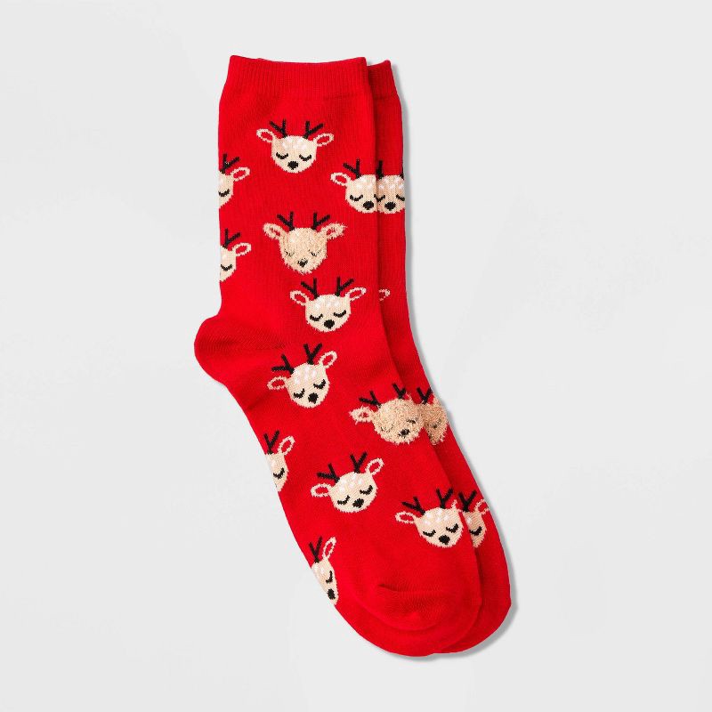 slide 1 of 3, Women's Reindeer Christmas Crew Socks - Wondershop™ Red 4-10, 1 ct