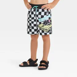 Toddler Boys' Mattel Hot Wheels Checkered Swim Shorts - White/Black 2T