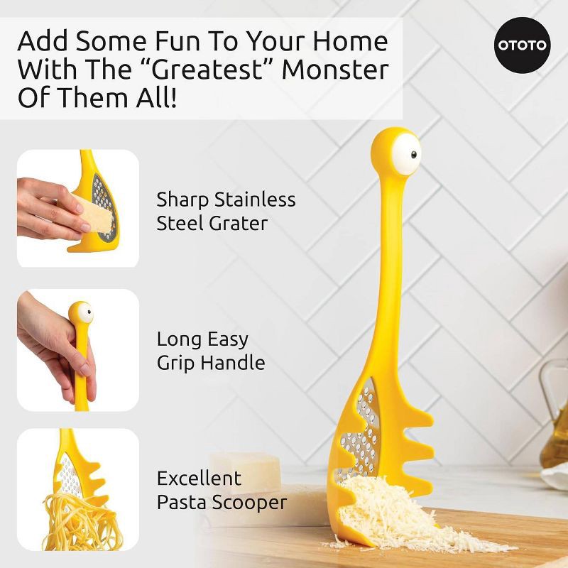 slide 4 of 6, Ototo Monster Pasta Spoon and Grater: Heat-Resistant, Dishwasher-Safe, Stainless Steel & ABS, Yellow, Silicone Handle, 1 ct