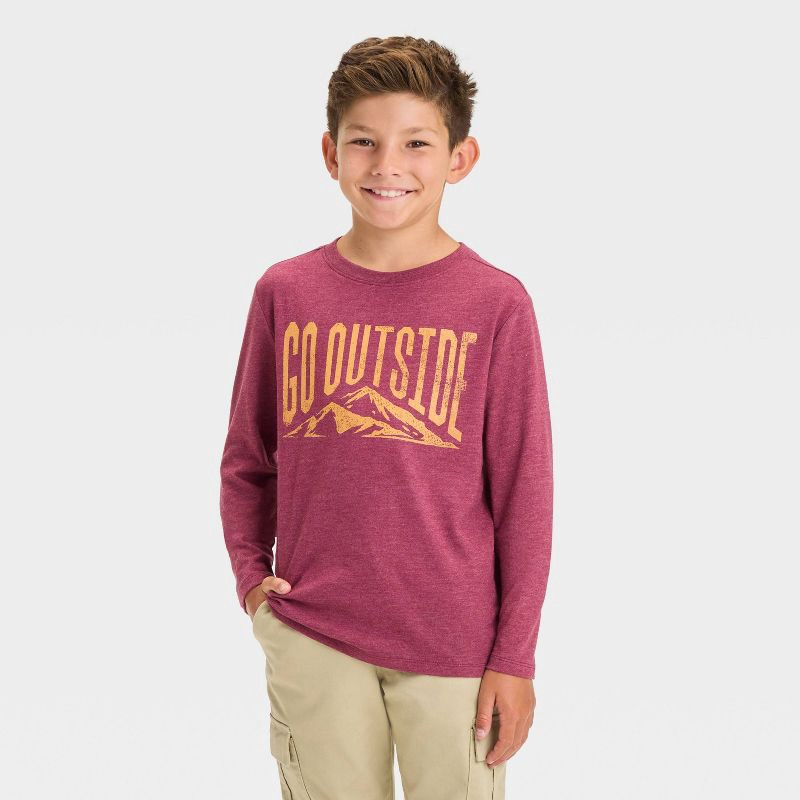 slide 1 of 4, Boys' Long Sleeve 'Go Outside' Graphic T-Shirt - Cat & Jack™ Maroon S, 1 ct