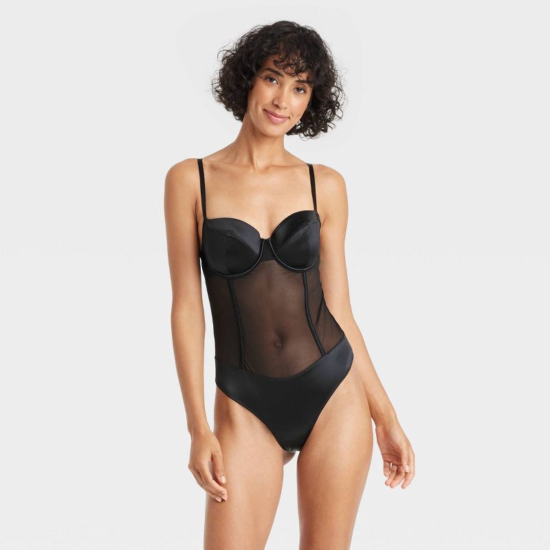 slide 1 of 5, Women's Satin and Mesh Lightly Lined Lingerie Bodysuit - Auden™ Black S: Nylon Spandex Knit, Back Hook Fastener, 1 ct