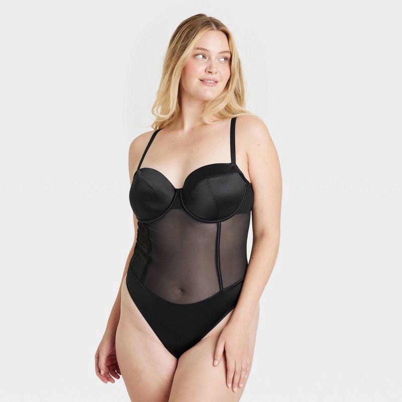 slide 4 of 5, Women's Satin and Mesh Lightly Lined Lingerie Bodysuit - Auden™ Black S: Nylon Spandex Knit, Back Hook Fastener, 1 ct