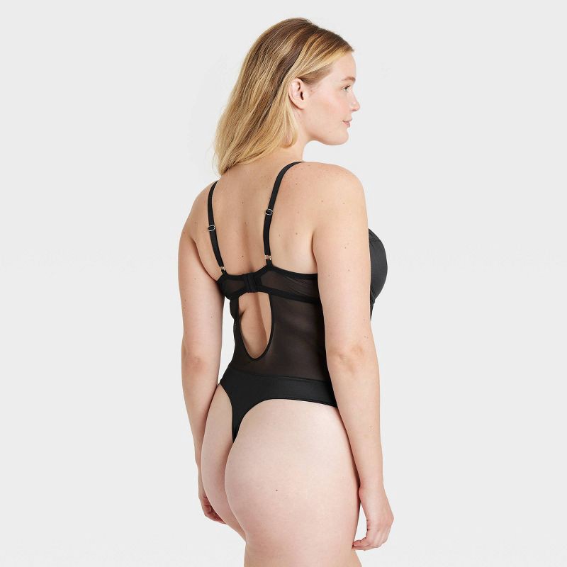 slide 5 of 5, Women's Satin and Mesh Lightly Lined Lingerie Bodysuit - Auden™ Black M: Nylon-Spandex Blend, Back Hook Closure, Cotton Gusset, 1 ct