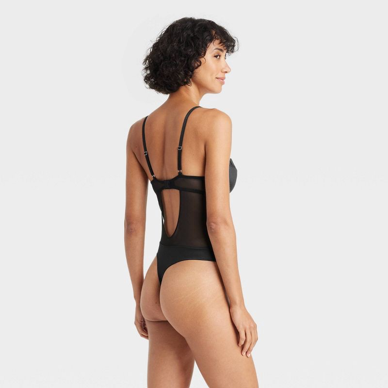 slide 2 of 5, Women's Satin and Mesh Lightly Lined Lingerie Bodysuit - Auden™ Black L: Nylon Spandex Knit, Back Hook Fastener, 1 ct