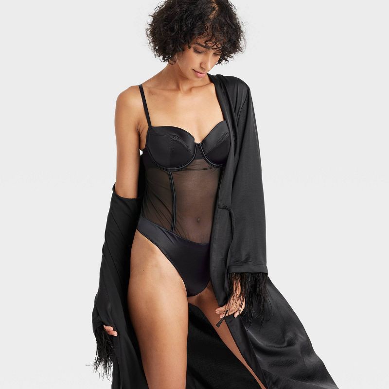 slide 3 of 5, Women's Satin and Mesh Lightly Lined Lingerie Bodysuit - Auden™ Black L: Nylon Spandex Knit, Back Hook Fastener, 1 ct