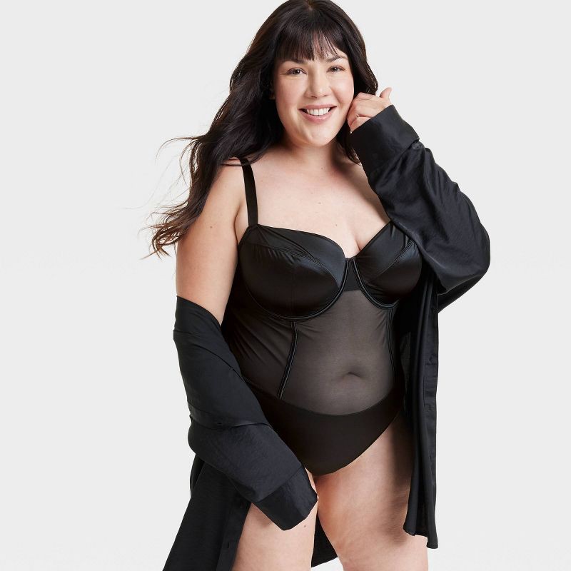 slide 3 of 3, Women's Satin and Mesh Lightly Lined Lingerie Bodysuit - Auden™ Black XXL: Nylon Spandex Blend, Back Hook Closure, Cotton Gusset, 1 ct